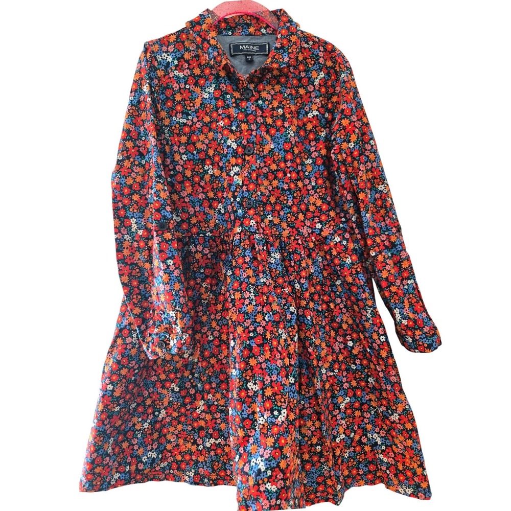 Maine New England Kids Floral Button Down Long Sleeve Dress Red Orange Blue 8Yrs